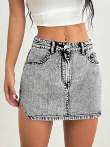 SHEIN ICON 女士高街低腰直筒牛仔中长裙，适合夏季 - 灰色 - 查看 1