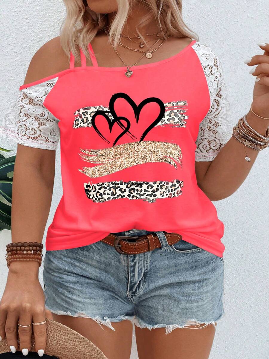 SHEIN VCAY CURVE Áo thun thường ngày họa tiết da báo và trái tim cổ tròn ren cỡ lớn tay ngắn, mùa xuân và mùa hè - Đỏ - Xem 1