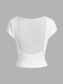 SHEIN Áo thun nữ hở lưng gợi cảm tay ngắn có họa tiết, thích hợp cho tiệc hè và kỳ nghỉ bãi biển - Nhiều màu - Xem 2