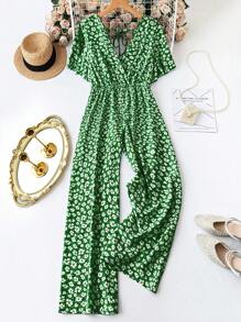 SHEIN LUNE Plus Size Women Daisy Printed Short Sleeve Casual Wide Leg Jumpsuit - Green - View 1