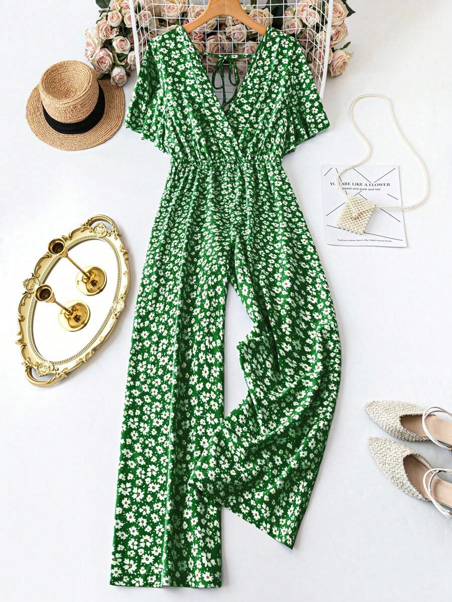 SHEIN LUNE Plus Size Women Daisy Printed Short Sleeve Casual Wide Leg Jumpsuit - Green - View 1