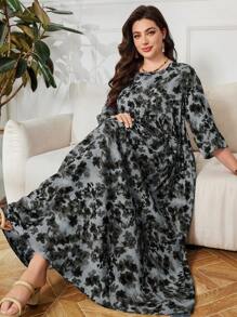 Lacomfia Váy rộng rãi in họa tiết Ả Rập tay 3/4 cỡ lớn - màu đen - Xem 1