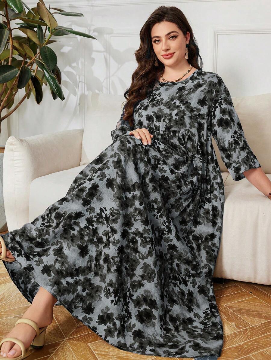 Lacomfia Váy rộng rãi in họa tiết Ả Rập tay 3/4 cỡ lớn - màu đen - Xem 1