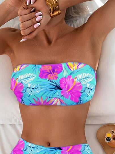 Swim Lushoire 女士随机花卉印花抹胸泳衣上衣，适合海滩度假，夏季