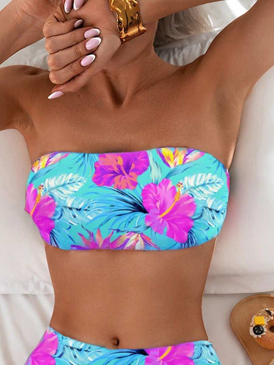 Swim Lushoire 女款隨機花卉印花抹胸式泳衣上衣,適合海灘度假、夏季 - 彩色 - 查看 1