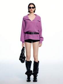 SHEIN EZwear Luźny zielony sweter z kołnierzykiem i rękawami biskupimi - Fioletowy - Zobacz 4
