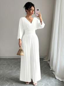 Rafferiza Women's Solid Color Crossed V-Neck 3/4 Sleeve Ruffle Wide Leg Elegant Jumpsuit