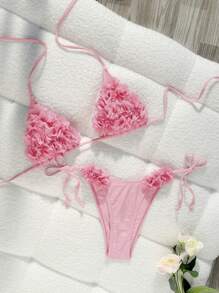 Swim Chiccia 2 件套女士海滩度假装，纯色优雅系带无袖上衣，3D 花卉装饰和下装，休闲比基尼泳装套装 - 淺粉色 - 查看 1