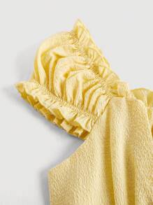 SHEIN MOD Solid Frill Trim Ruched Bust Ruffle Hem Yellow Cap Sleeves Double Hem Skort Romper