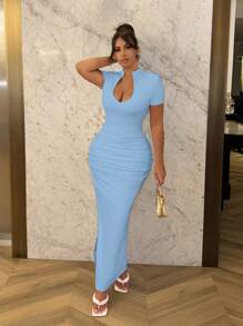 SHEIN SXY Women Deep V-Neck Ruched Short Sleeve Bodycon Mini Dress