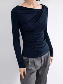 BizChic 2025 夏季新款不对称剪裁肩带长袖女式 T 恤，休闲商务通勤优雅海滩度假适合婚礼宾客、乡村音乐节、早餐、机场、90 年代复古斯德哥尔摩、7 月 4 日 - 藏蓝色 - 查看 10