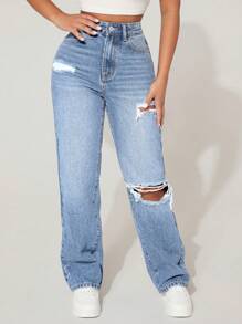SHEIN PETITE Casual Washed Distressed High Waist Denim Jeans - Mint Blue - View 4