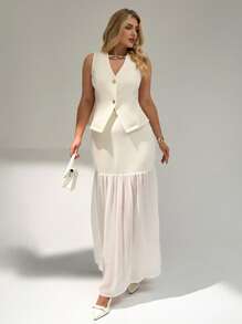 Auralis Plus Size Women Single-Breasted Vest And Midi Skirt Set, Elegant 2 Pieces Outfit,Summer Outfits For Women - Apricot - View 6