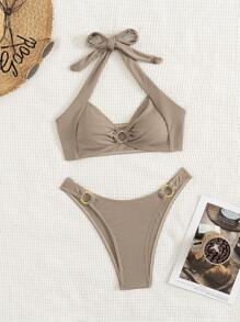 SHEIN Swim Summer Beach Women's Solid Color Halter Neck Bra & Swim Bottom Bikini Set Bathing Suit Brown Bikinitwo Piece Bikini - Grey - View 4