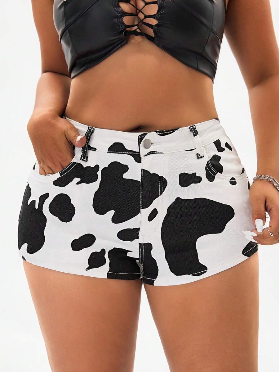 SHEIN ICON 大码高腰性感奶牛印花牛仔短裤 - 彩色 - 查看 1
