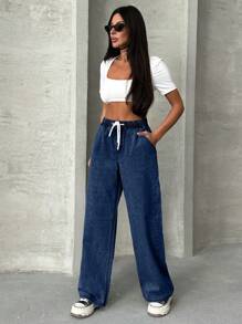 EURMUSE Women's Casual Washed Drawstring Waist Straight Leg Jeans - Dark Wash - View 4