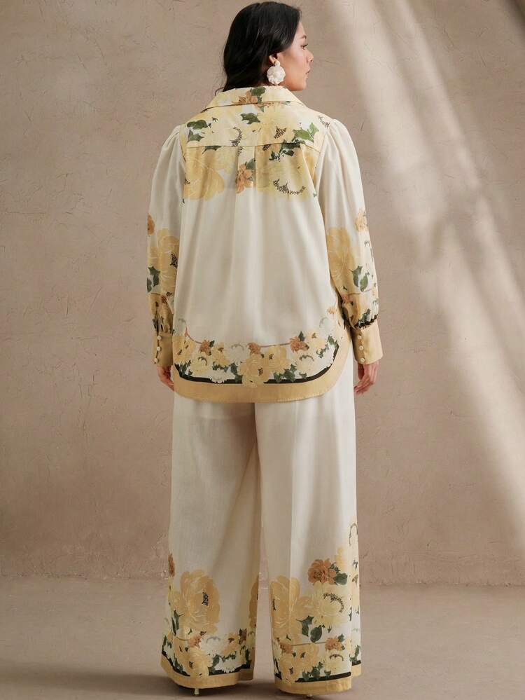 Women Floral Placement Print Woven Shirt And Pants 2 Pieces Set, Romantic Spring/Summer Holiday Elegant