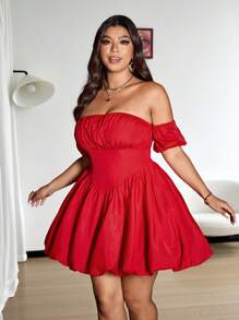 Flirla Plus Size Sexy And Elegant Shoulder Exposed Evening Dress, Red - Red - View 1