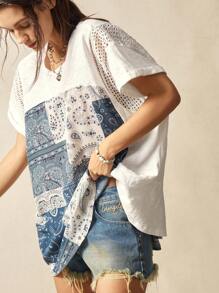 Bohemela Plus Size Women Summer Casual Vacation Patched Paisley Print Lace Patchwork Loose T-Shirt - Multicolor - View 6