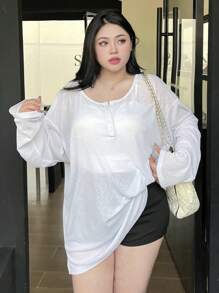 Dazy Plus Semi-Opened Collar Loose Fit Long Sleeve White Vacation T-Shirt, Spring/Summer/Autumn Women Clothing Summer Outfits