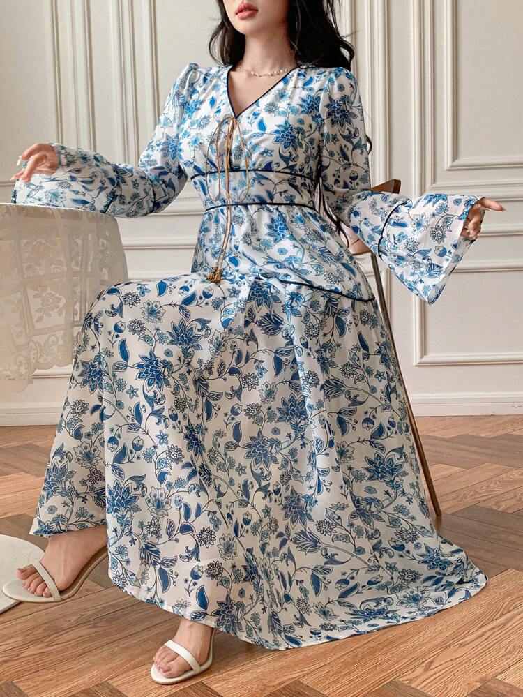 Casual Vacation Beach Boho Style Floral Printed V-Neck Drawstring Waist Ruffled Hem Midi Dress For Women,Fall Dress Long Sleeve Dress