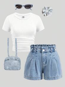 SHEIN Explorewe TWEEN GIRLS 牛仔短裤，宽松休闲牛仔短裤，荷叶边腰部设计，时尚百搭水洗蓝色牛仔短裤 - 中等水洗藍 - 查看 1