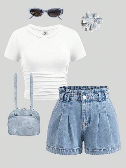 SHEIN Explorewe TWEEN GIRLS Denim Shorts, Loose Fit Casual Denim Shorts With Ruffle Waist Design, Fashion Versatile Washed Blue Denim Shorts, School, Campus, College Summer Holiday