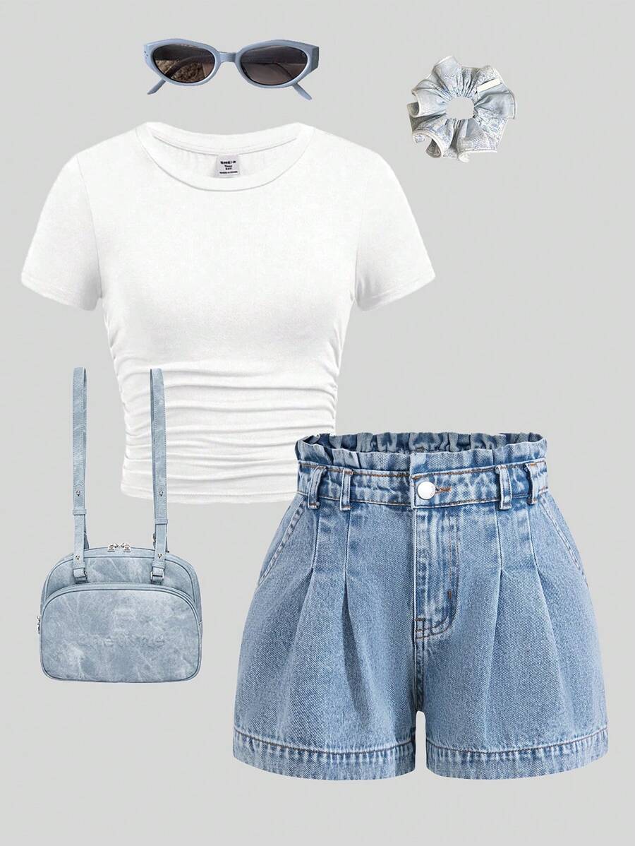 SHEIN Explorewe TWEEN GIRLS 牛仔短裤，宽松休闲牛仔短裤，荷叶边腰部设计，时尚百搭水洗蓝色牛仔短裤 - 中等水洗藍 - 查看 1