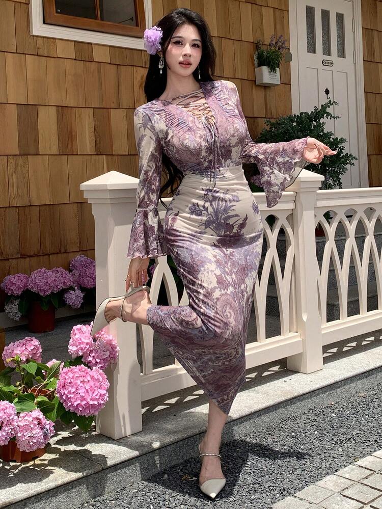 Women's Sexy Fitted Resort Dress With Front Tie, Waist Drawstring, Elegant Vacation Dress With All-Over Ditsy Floral, Bohemian And Plant Print, Summer Maxi Dress