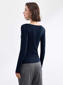 BizChic 2025 夏季新款不对称剪裁肩带长袖女式 T 恤，休闲商务通勤优雅海滩度假适合婚礼宾客、乡村音乐节、早餐、机场、90 年代复古斯德哥尔摩、7 月 4 日 - 藏蓝色 - 查看 8