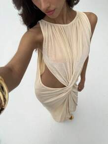 Aloruh 女士优雅婚礼宾客礼服生日派对节日性感仙女裙纯色长裙杏色无袖镂空修身连衣裙 - 杏色 - 查看 8