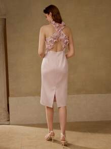 MOTF PREMIUM FLORAL APPLIQUED CRISS CROSS BACK COCKTAIL DRESS,VALENTINE'S DAY OUTFIT - Pink - View 6