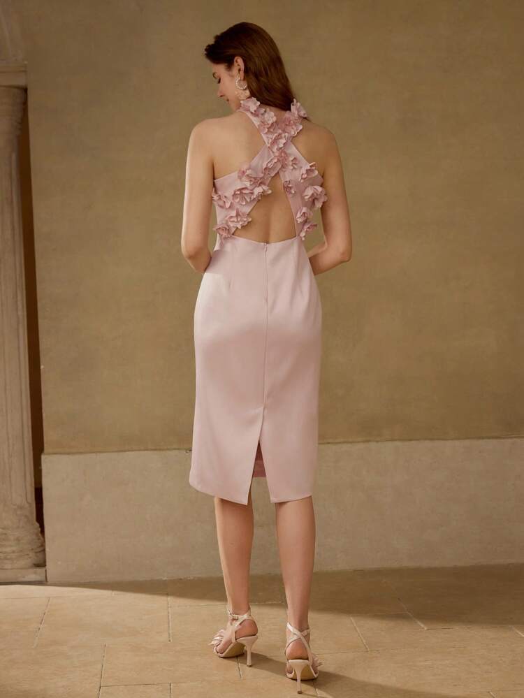 FLORAL APPLIQUED CRISS CROSS BACK COCKTAIL DRESS,VALENTINE'S DAY OUTFIT