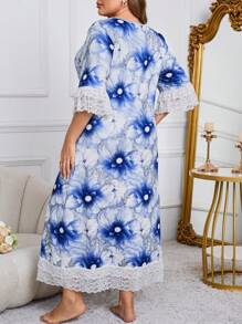 Camisón de talla grande con estampado floral romántico francés y volante en el bajo - Azul - Ver 2