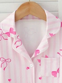 Young Girl Pajamas Set: Pink Bow Collar Long Sleeve Top & Pants Casual Comfortable 2 Pieces Loungewear, Mommy And Me Matching Outfits (Sold Separately In Sets Of 3) - Pink - View 4