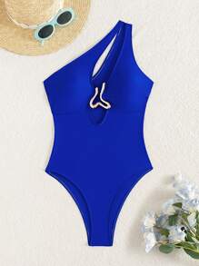 Swim SXY New Summer Solid Color Asymmetrical Neckline Gold Decorated Hollow One-Piece Swimsuit, Beach Vacation Fit Women's Bikini Curve Hot Style Highlights Figure Sexy One-Piece Blue Special-Shaped Metal Decoration - Royal Blue - View 3