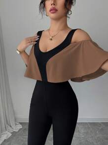 Selianne Women's Elegant Color Block Off-Shoulder Ruffle Jumpsuit - Khaki - View 3