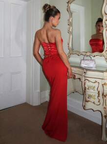 Glamine Vestido elegante para mujer con cintura tubular sólida, corte calado y bajo de cola de pez - Rojo - Ver 1