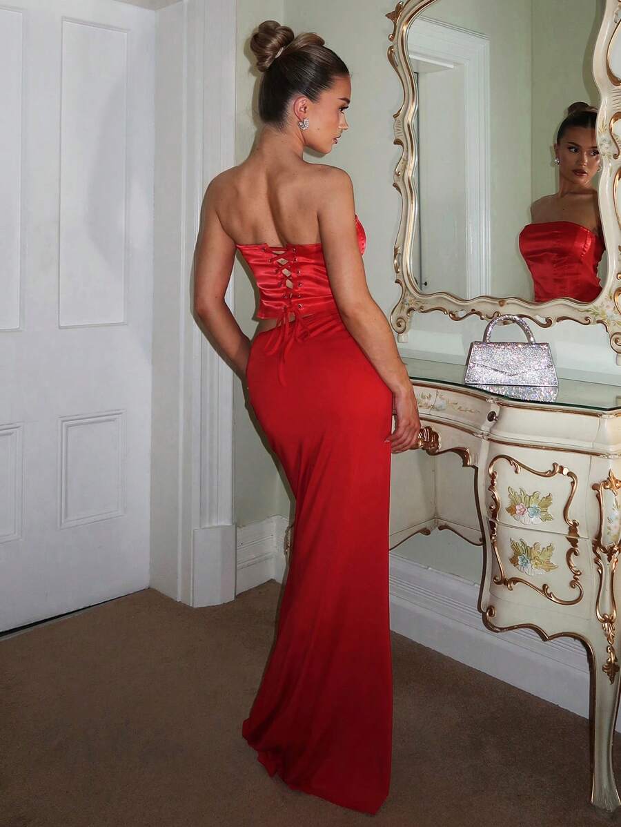 Glamine Vestido elegante para mujer con cintura tubular sólida, corte calado y bajo de cola de pez - Rojo - Ver 1