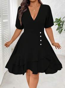 SHEIN Clasi Schwarzes V-Ausschnitt Kurzarm Damen Elegantes Pendler Lässig Kleid, einfache Mode vielseitig komfortabel, mehrlagiges Saum Nähdesign, knielanges, Große Größen, geeignet für Frühling/Sommer/Herbst - Schwarz - Übersicht 6