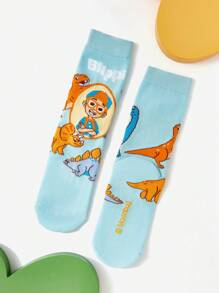 Blippi X SHEIN 3 Pairs Cartoon Figure Graphic & Dinosaur Pattern Kids Socks Set, 100% Cotton