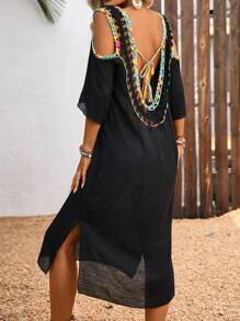 Breezaya Abito da donna con scollo aperto, dritto, con motivi a uncinetto traforati e patchwork, adatto per vacanza