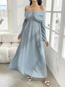 Modelyn Elegantes, schlichtes langärmliges Maxikleid mit Schulterausschnitt für Damen Einfarbig - Blau - Übersicht 7