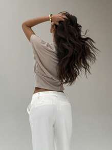 Aloruh Khaki Metallic Thread Elegant Knit T-Shirt For Work,Graduation,Back To School Outfits - Khaki - View 2