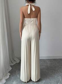 SHEIN LUNE 女士性感细肩带深V领褶皱连体裤 - 杏色 - 查看 2