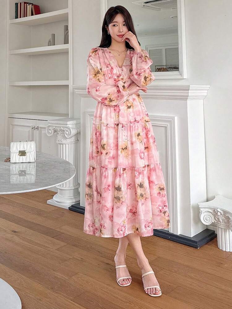 New Fall Women's Long Floral Print Waist Cinch Dress,Ruffle Long Sleeve Dress Maxi Dress