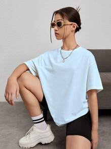 SHEIN Good Things Are Coming, Vacation Style, Slogan Print, Casual Minimalist Short Sleeve T-Shirt For Teen Girls, Suitable For Summer - Blue - View 2