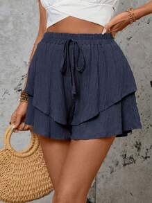 SHEIN LUNE Quần short mùa hè giản dị nhiều tầng thắt nút màu trơn - Màu xanh hải quân - Xem 3