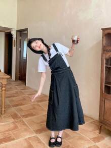 DAZY 女士夏季休闲牛仔背带中长连衣裙，水洗款式 - 藍色 - 查看 4