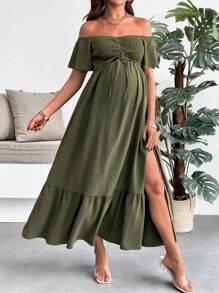 SHEIN 孕妇纯色系带露肩休闲连衣裙度假孕妇装 - 軍綠色 - 查看 4